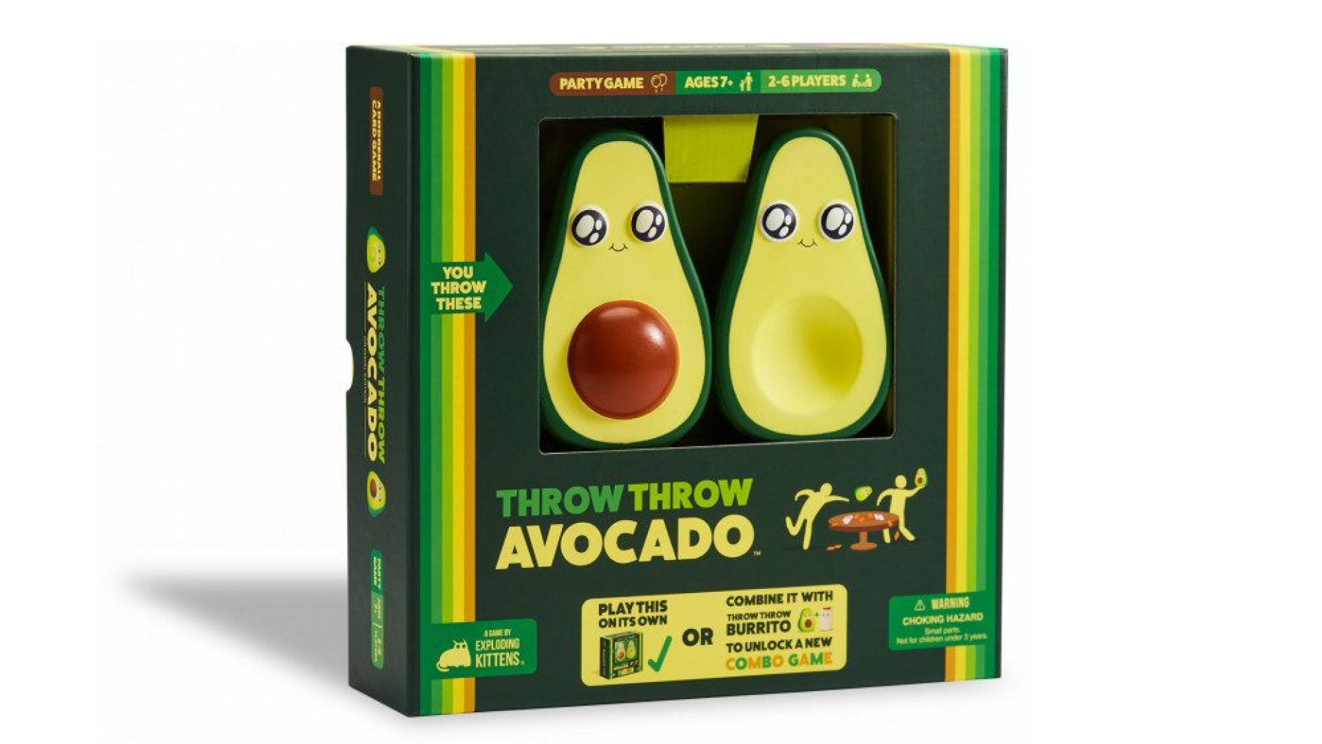Throw Throw Avocado card game, displaying the game cards and humorous illustrations related to dodgeball play.