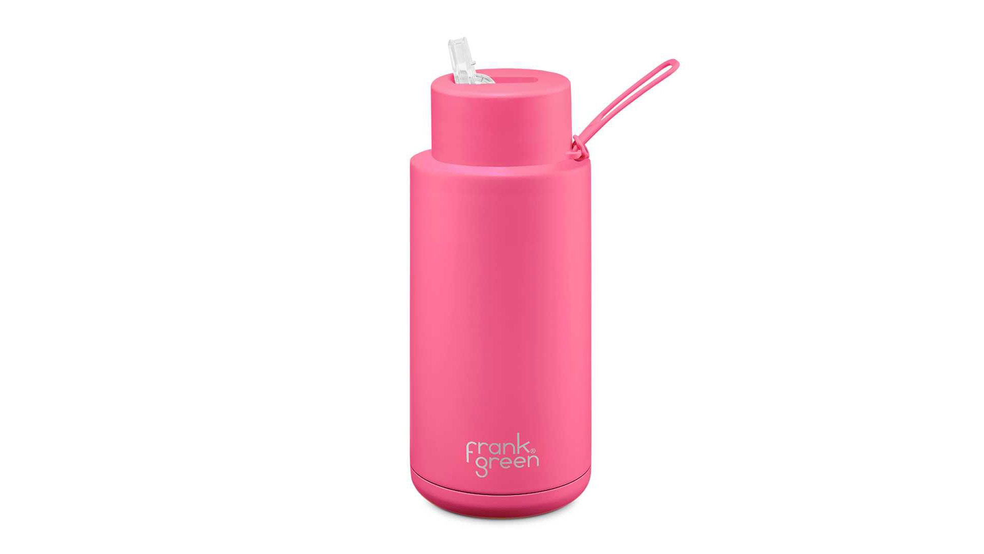 A pink Frank Green water bottle on a white background.