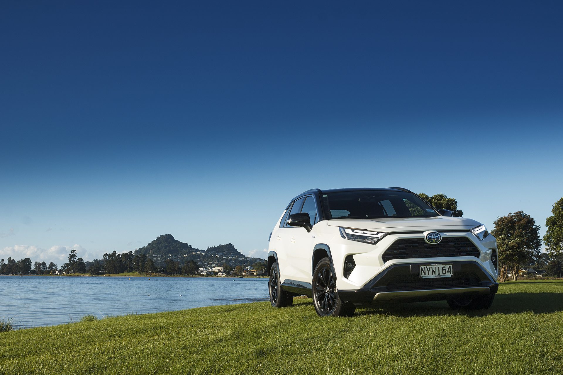 White Toyota RAV4 XSE Hybrid stationary on grass from the front