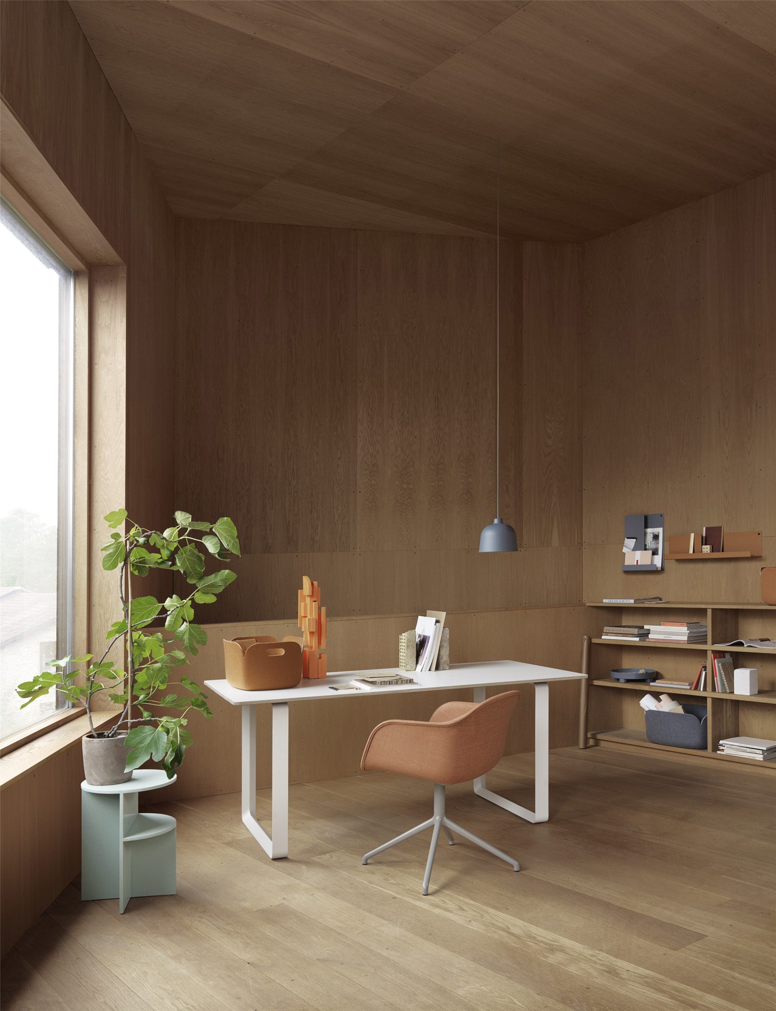 A wooden minimalist space with a large window that lets in natural light. A white desk sits in the centre of the image, with a bookshelf on the right of the room and a fig tree plant on the left. 