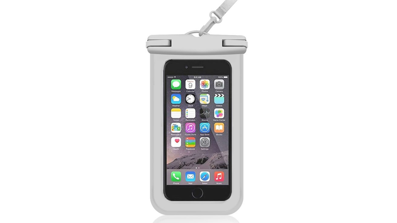 Waterproof phone pouch with an iPhone inside it.