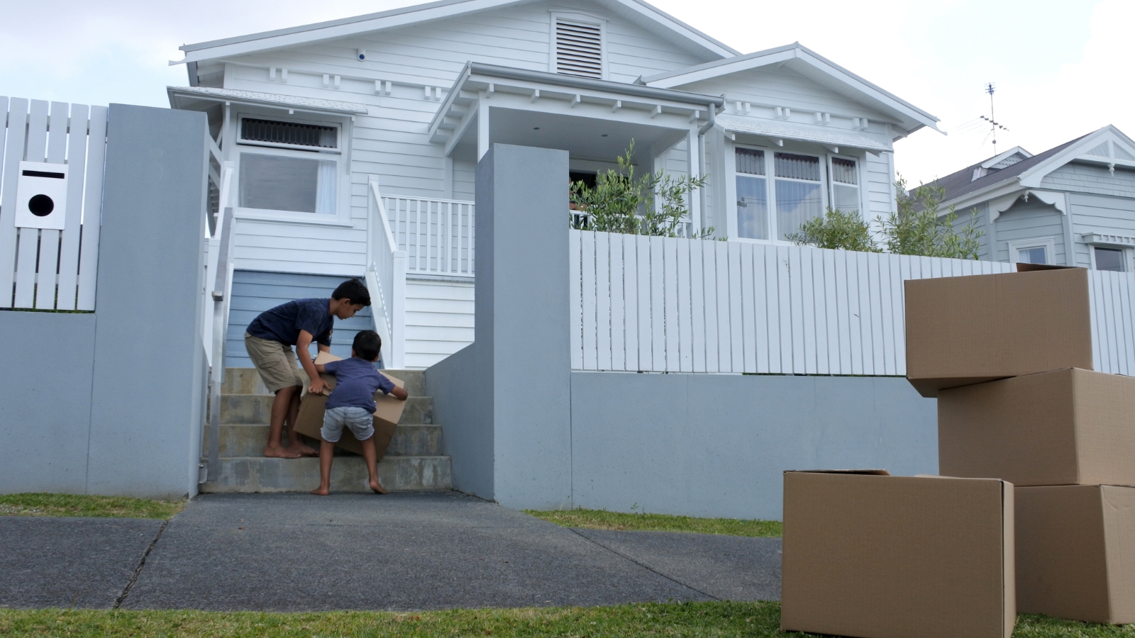 Rental house with boxes out front. 