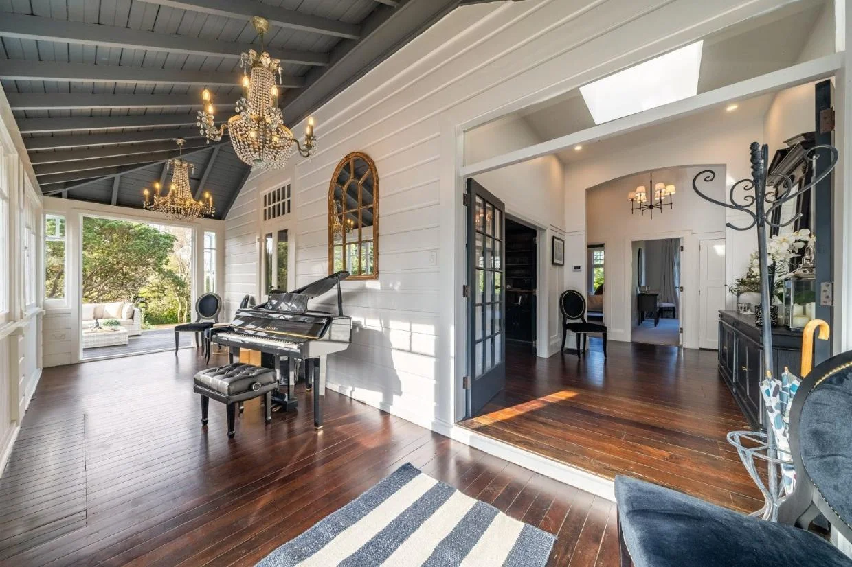 The enclosed conservatory is now a music room.