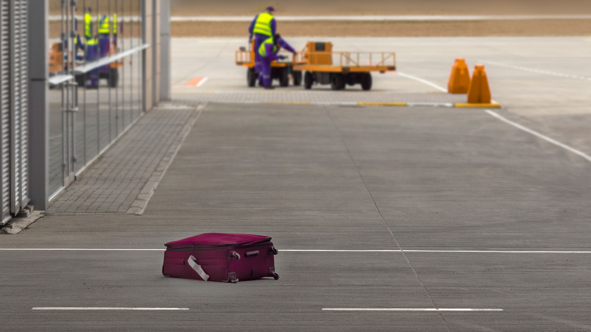 Lost suitcase lying on the tarmac of an airport runway.