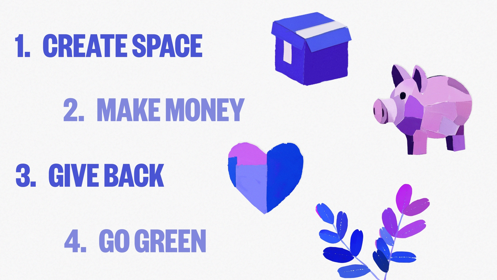 Graphic showing a cardboard box, a piggy bank, a heart and some leaves.
