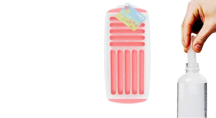 A pink ice stick shaped tray, and a drink bottle.