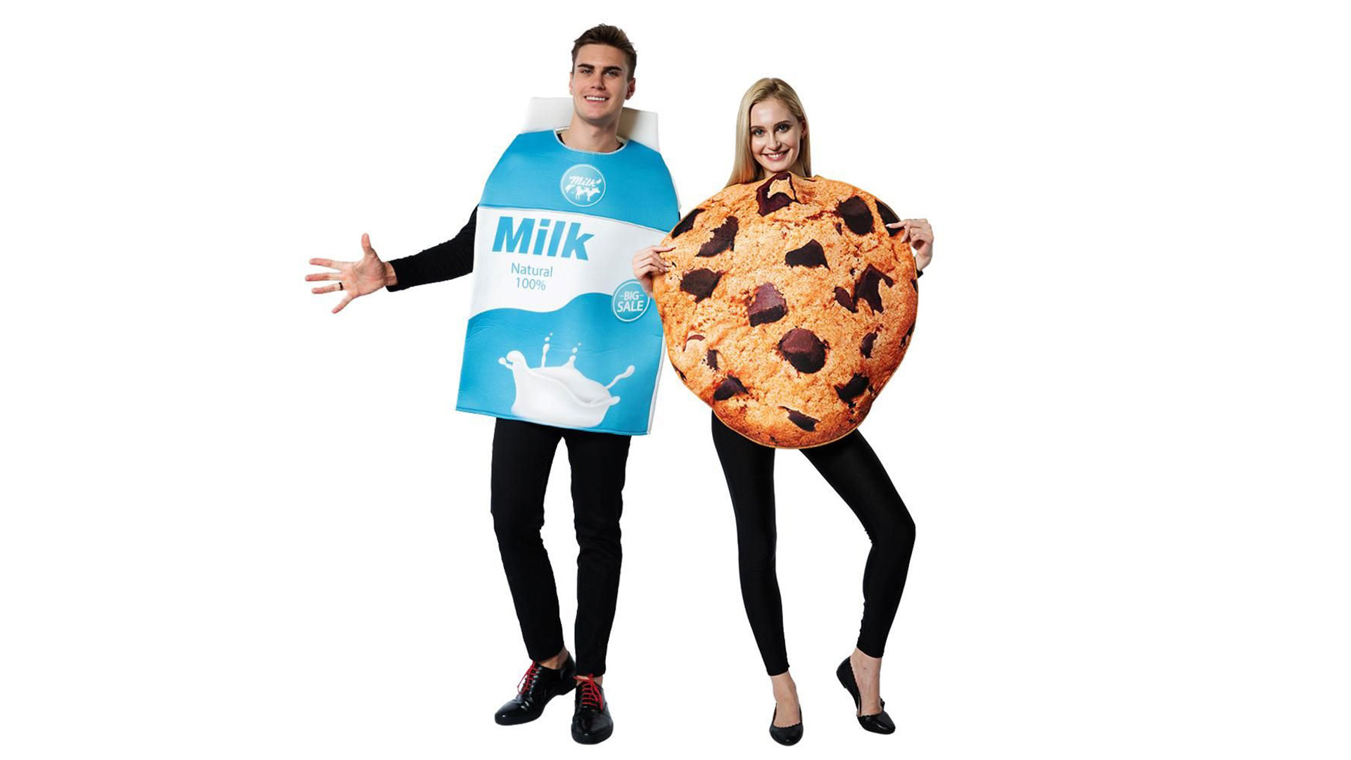 Couple dressed up for Halloween. The male is wearing a milk carton costume and the female is wearing a cookie costume.
