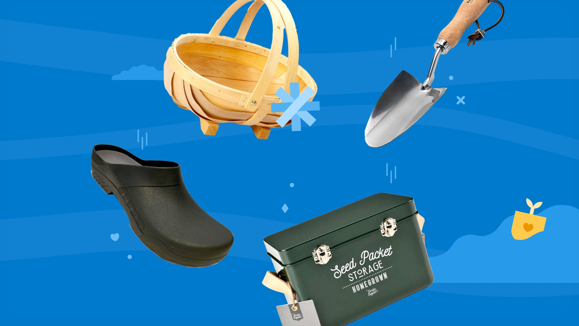 An array of gardening related gifts on a blue background - gardening shovel, garden trug, seed storage box and gardening shoes.