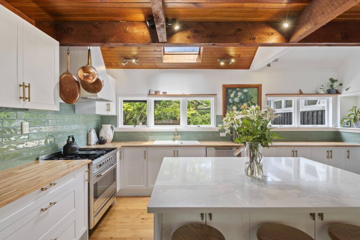 The kitchen interior is modern and sleek