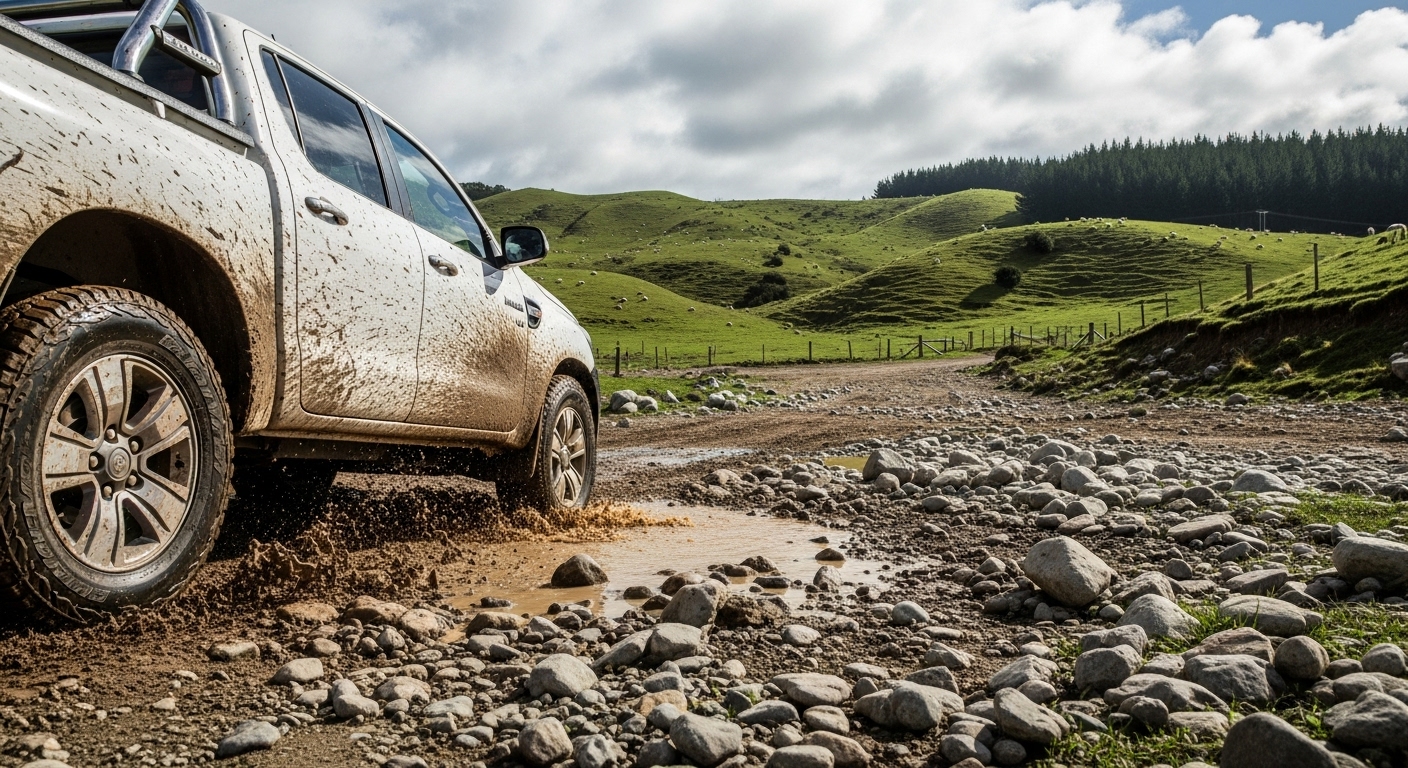 An ute driving through a muddy, rough terrain track.