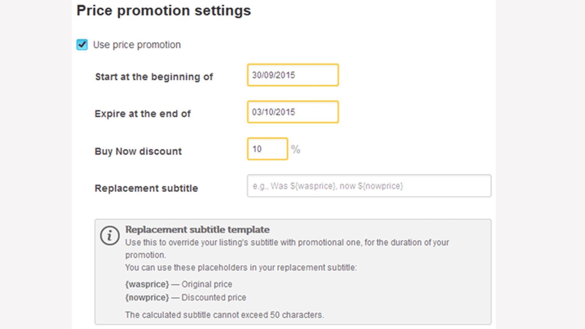 Price promotion settings