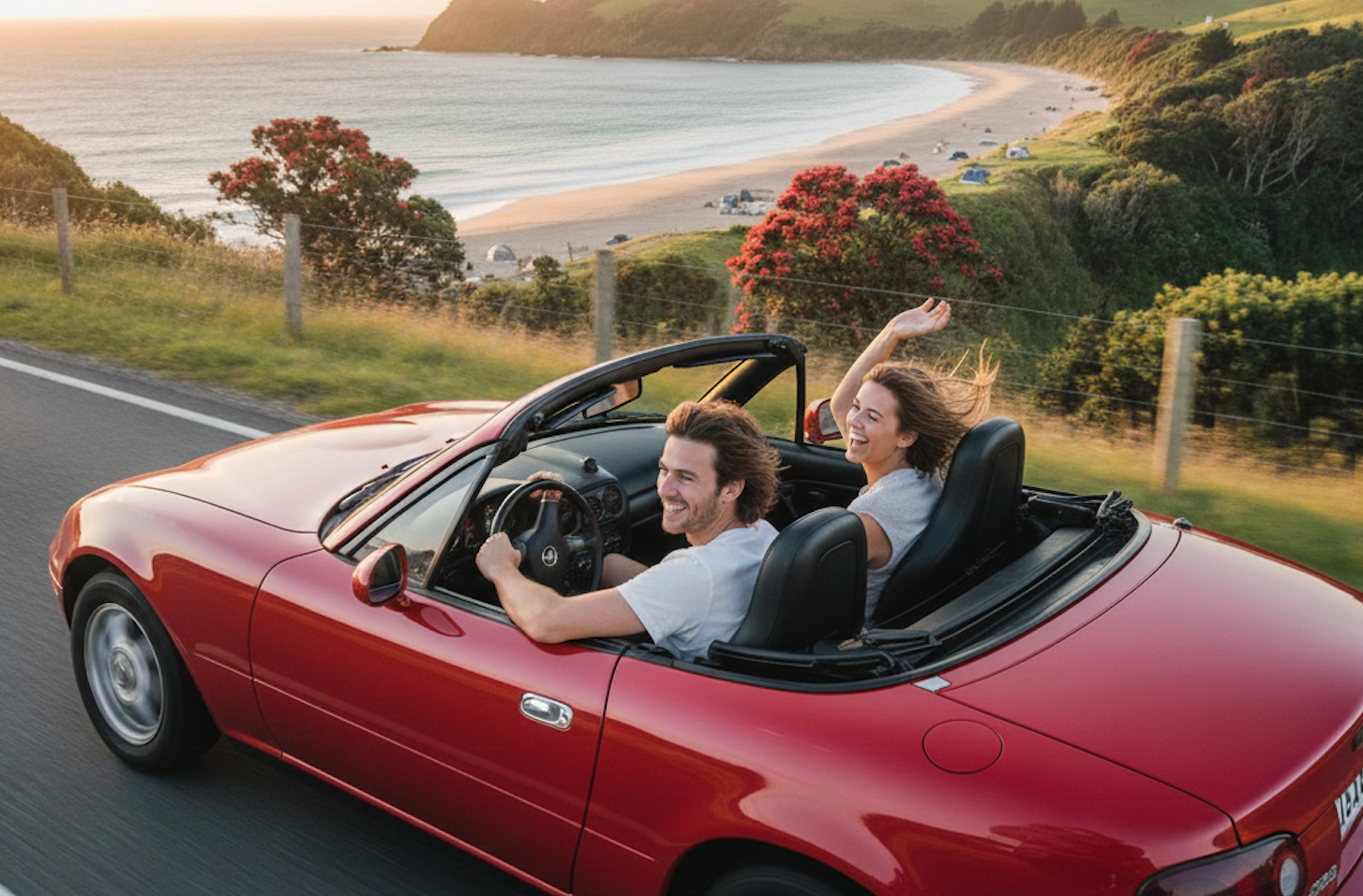 A couple driving in a convertible to their summer holiday.