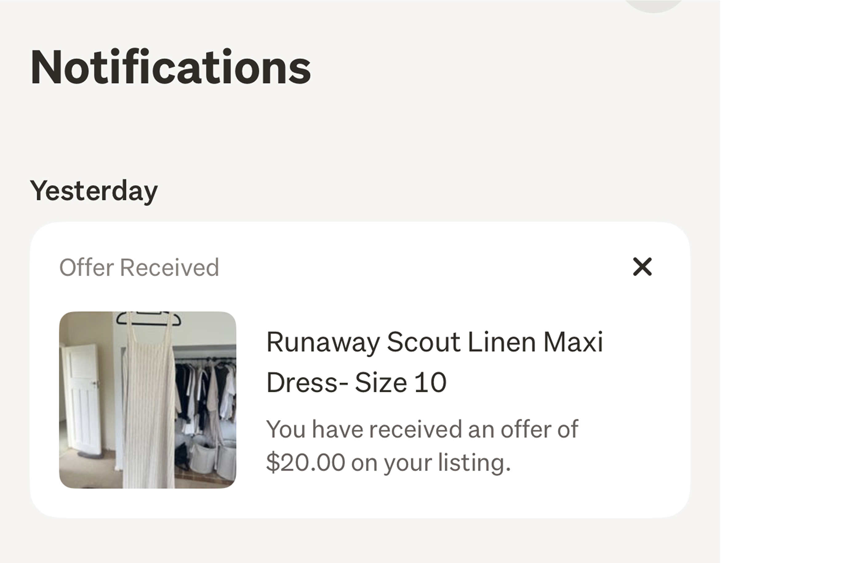 A notification on the Trade Me app of someone making an offer of $20 on a linen maxi dress