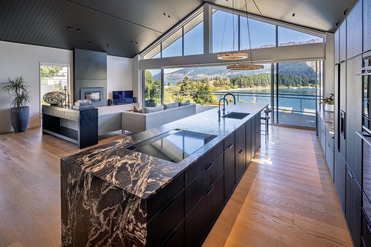 Stunning kitchen design and views of the lake.