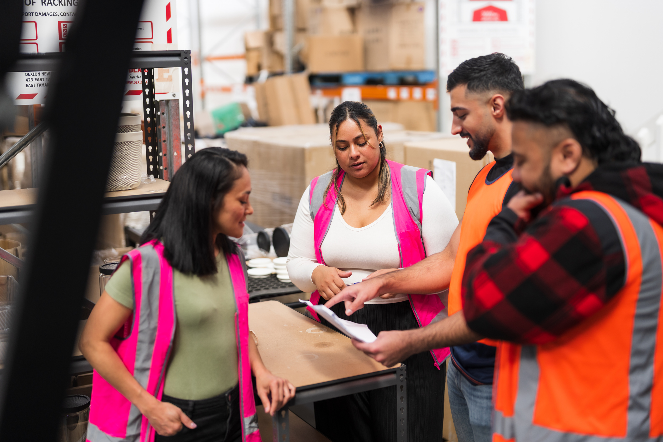 Group of young workers having a meeting in a warehouse