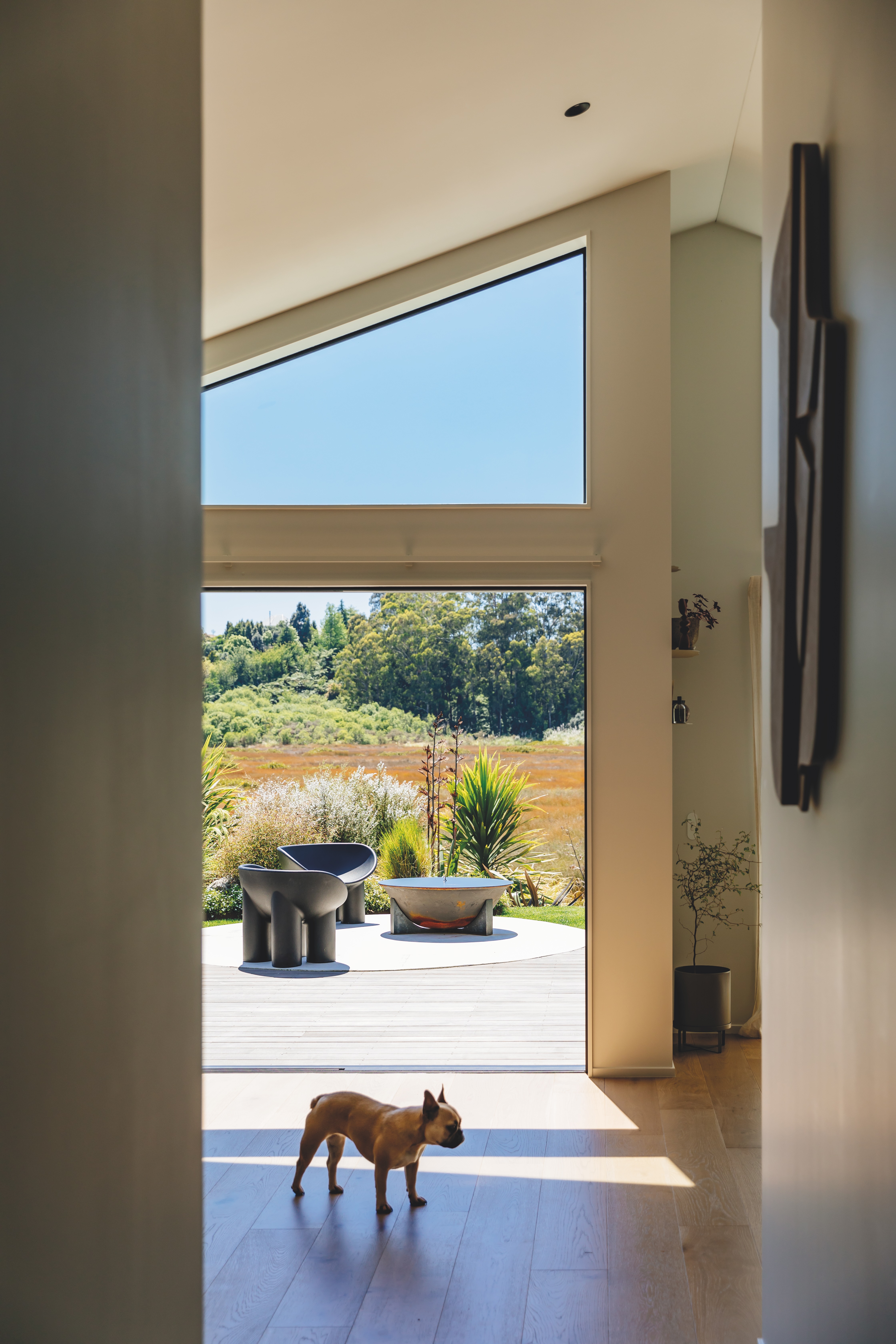 Outside, a 4m concrete circle has been inserted into the deck as an anchor for a conversation zone centred around a Gio fire pit by Coco Republic.