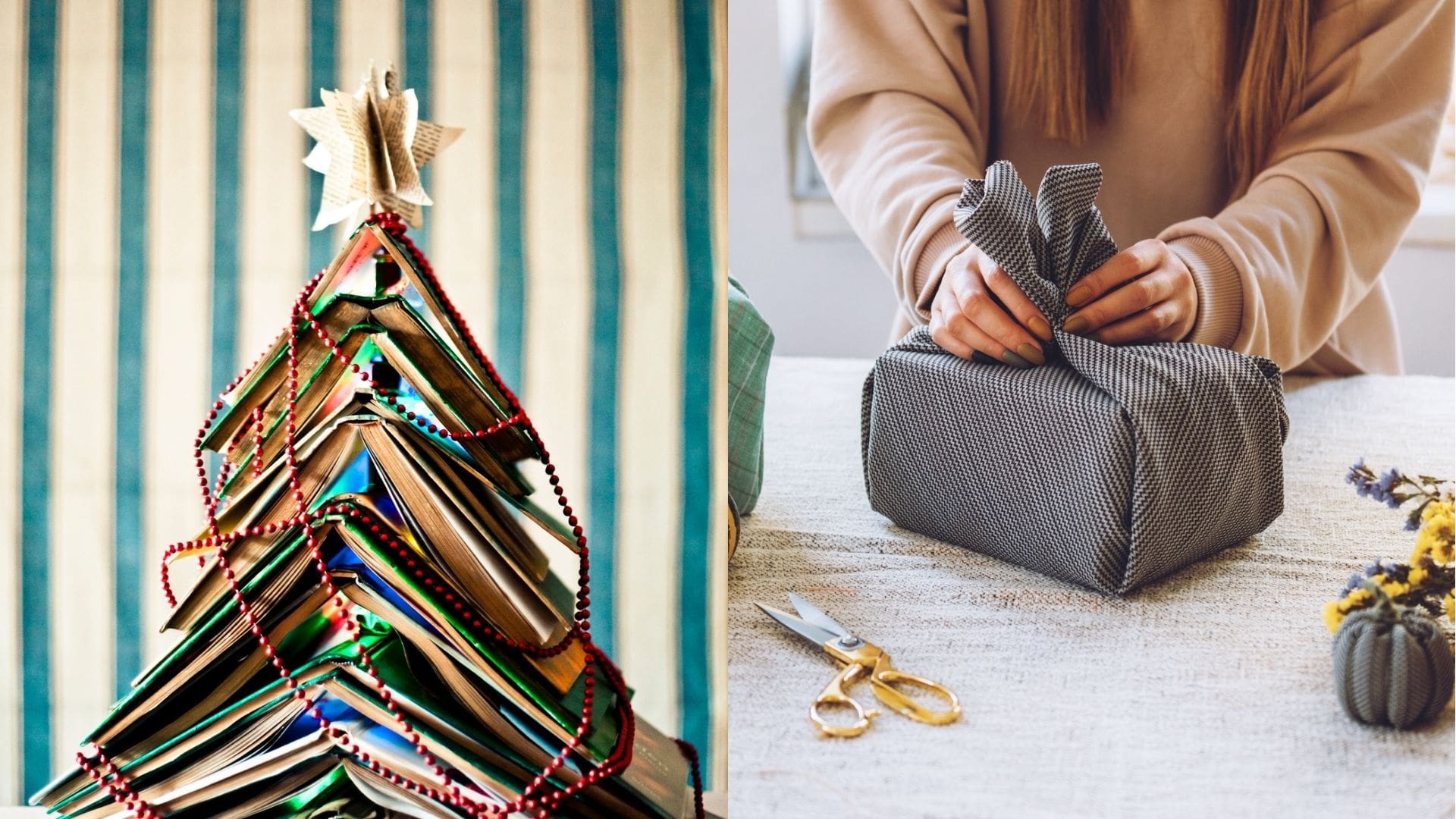 On the left is a stack of books that have been placed to look like a Christmas tree, they’re draped in a red bead garland and there is a green striped background. On the right, a pair of women’s hands fold cloth to wrap a gift.