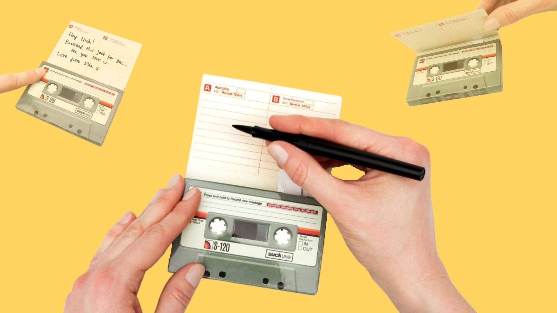 A voice recordable greeting card in the shape of a mixtape