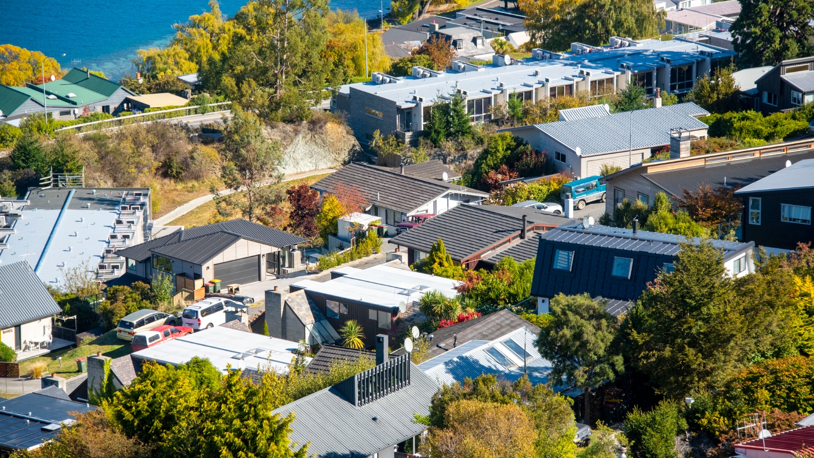 Wide view of Auckland houses next to sea.