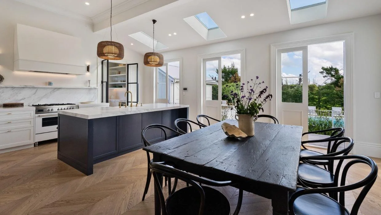 Marble kitchen with butler’s pantry. 