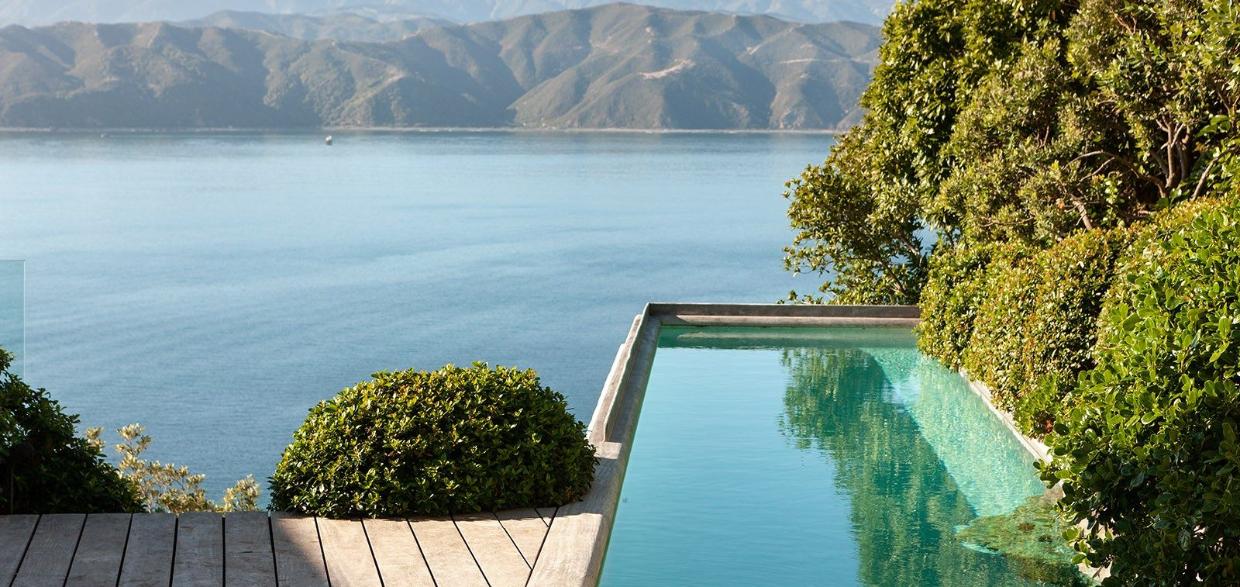 Large pool with lake views.