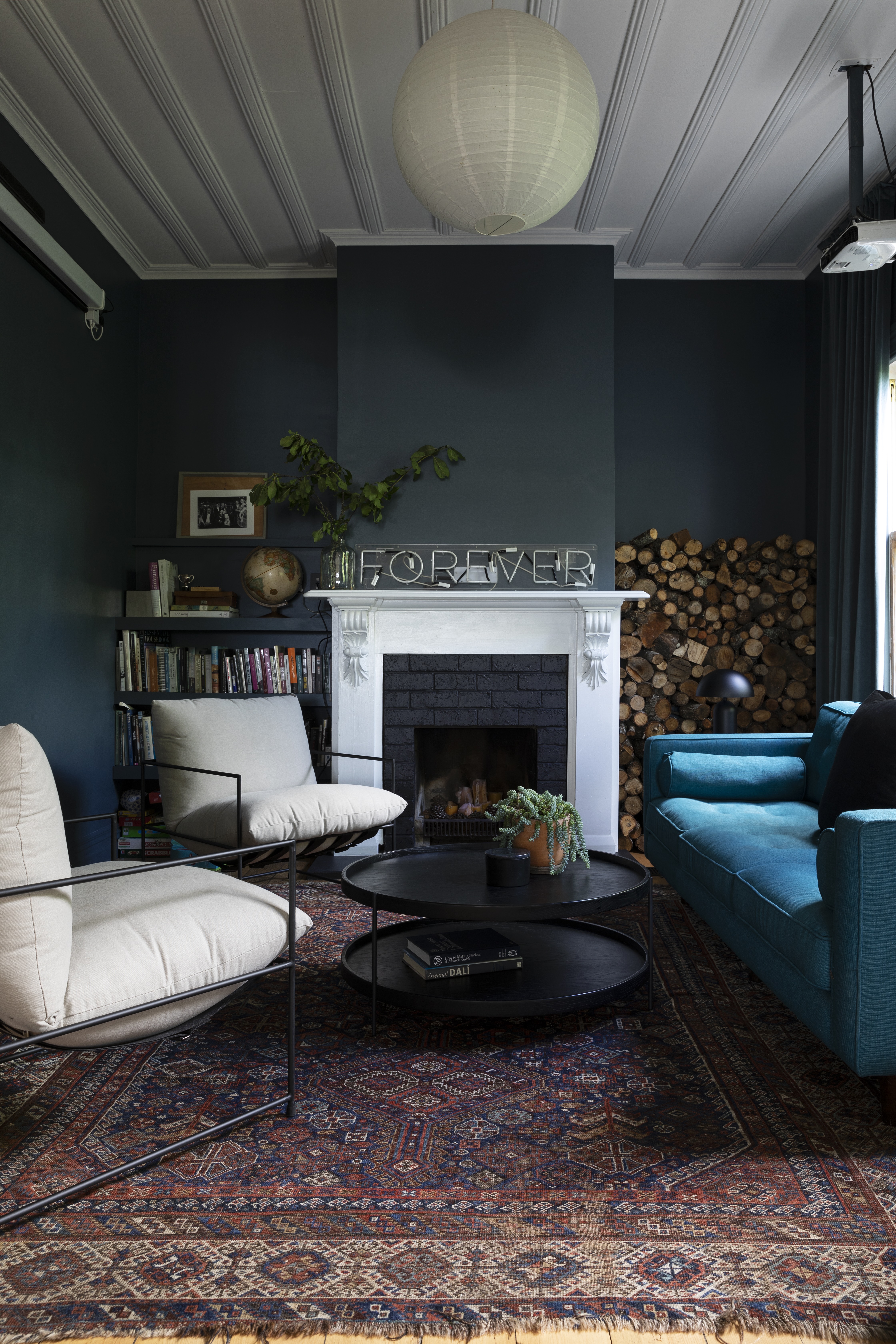 Cozy living room with unique features. 