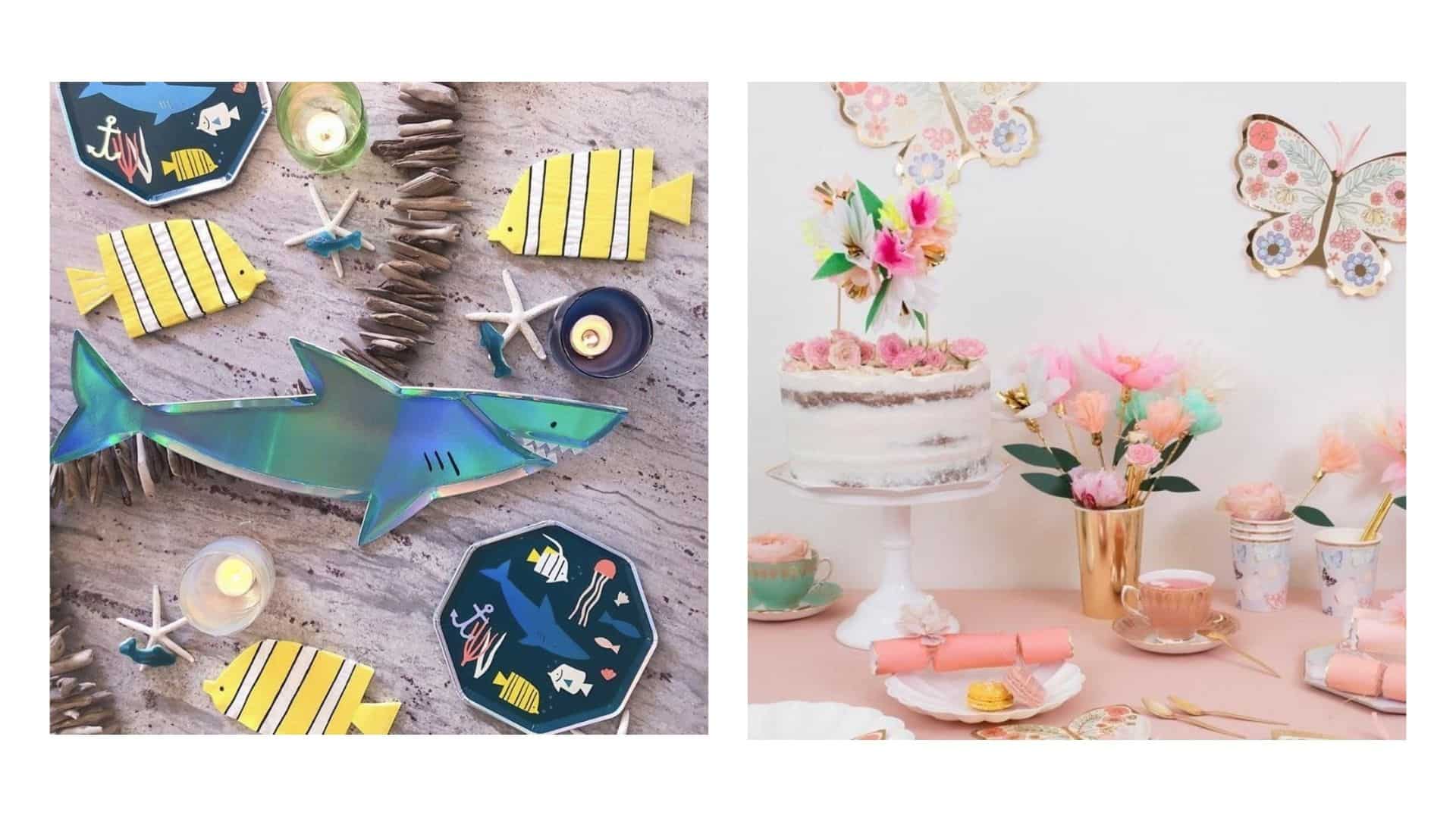Examples of different themed birthday party decorations, including sharks and butterflies.