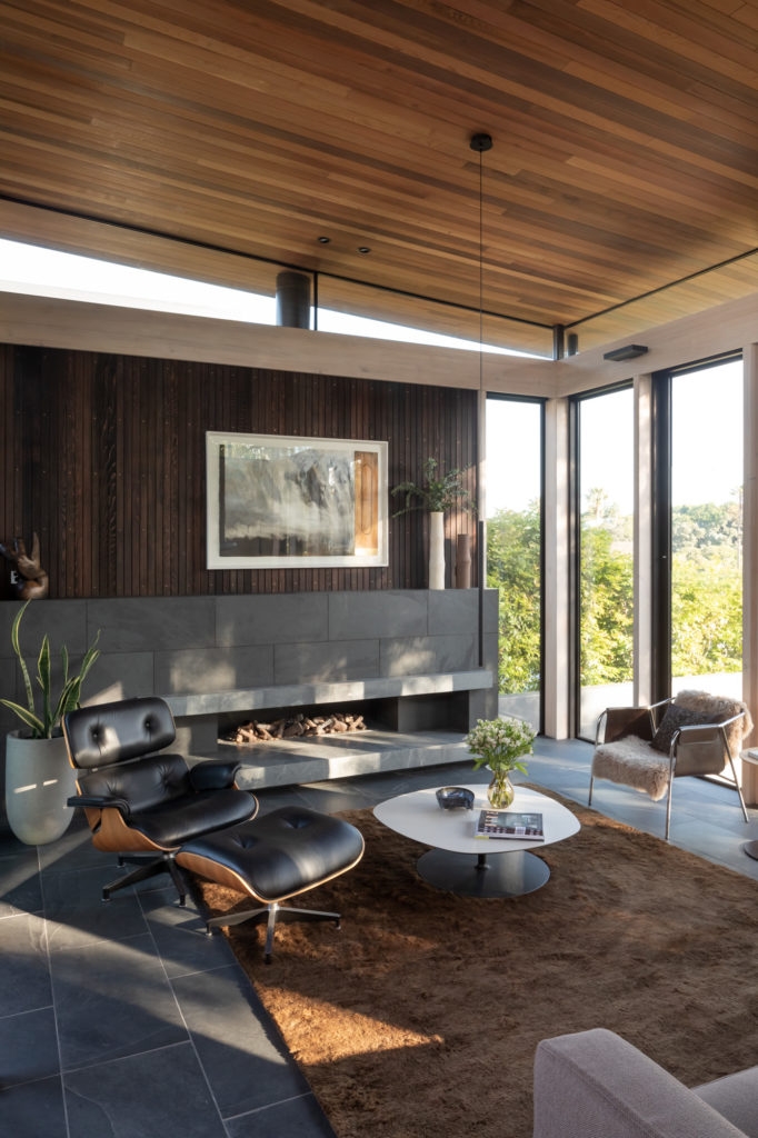 Stone fireplace in living room