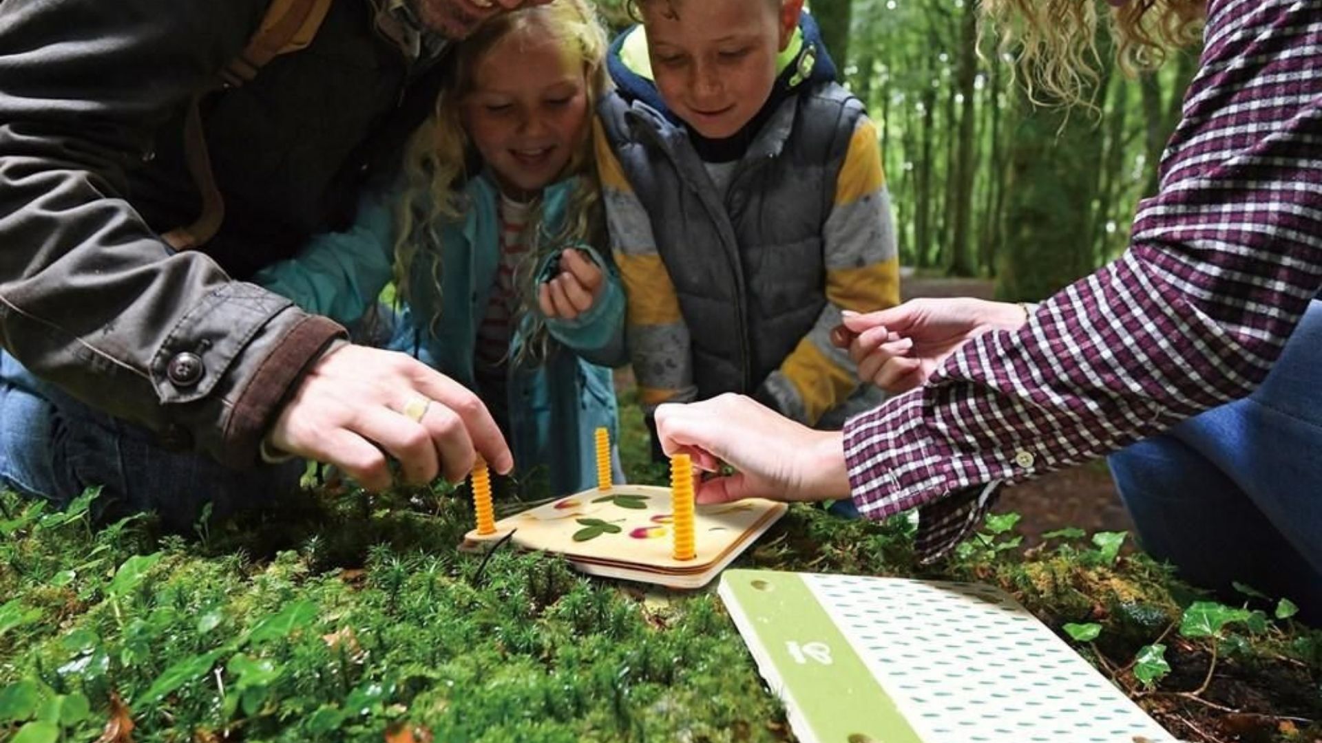 A family of two adults and two children crouch on a forest floor around a flower pressing kit, placing flowers onto it.