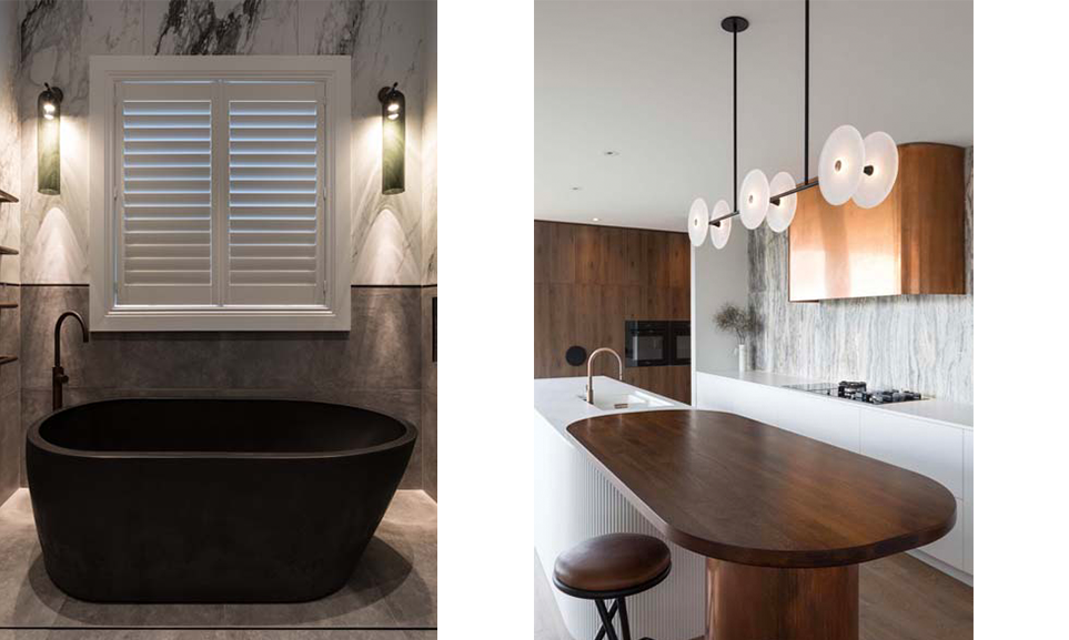 Bathroom with mood wall lights and kitchen with pendant lights over kitchen island