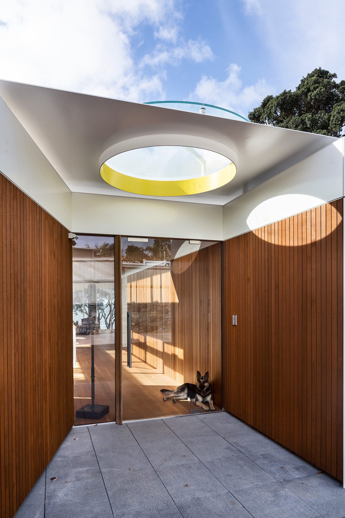 Entrance of a property made from timber with a skylight. A dog sits in the doorway opening