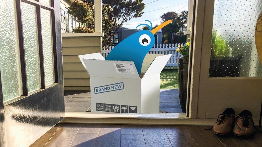 Kevin the Kiwi, Trade Me’s mascot, arrives in a shipping box at someone’s front door.