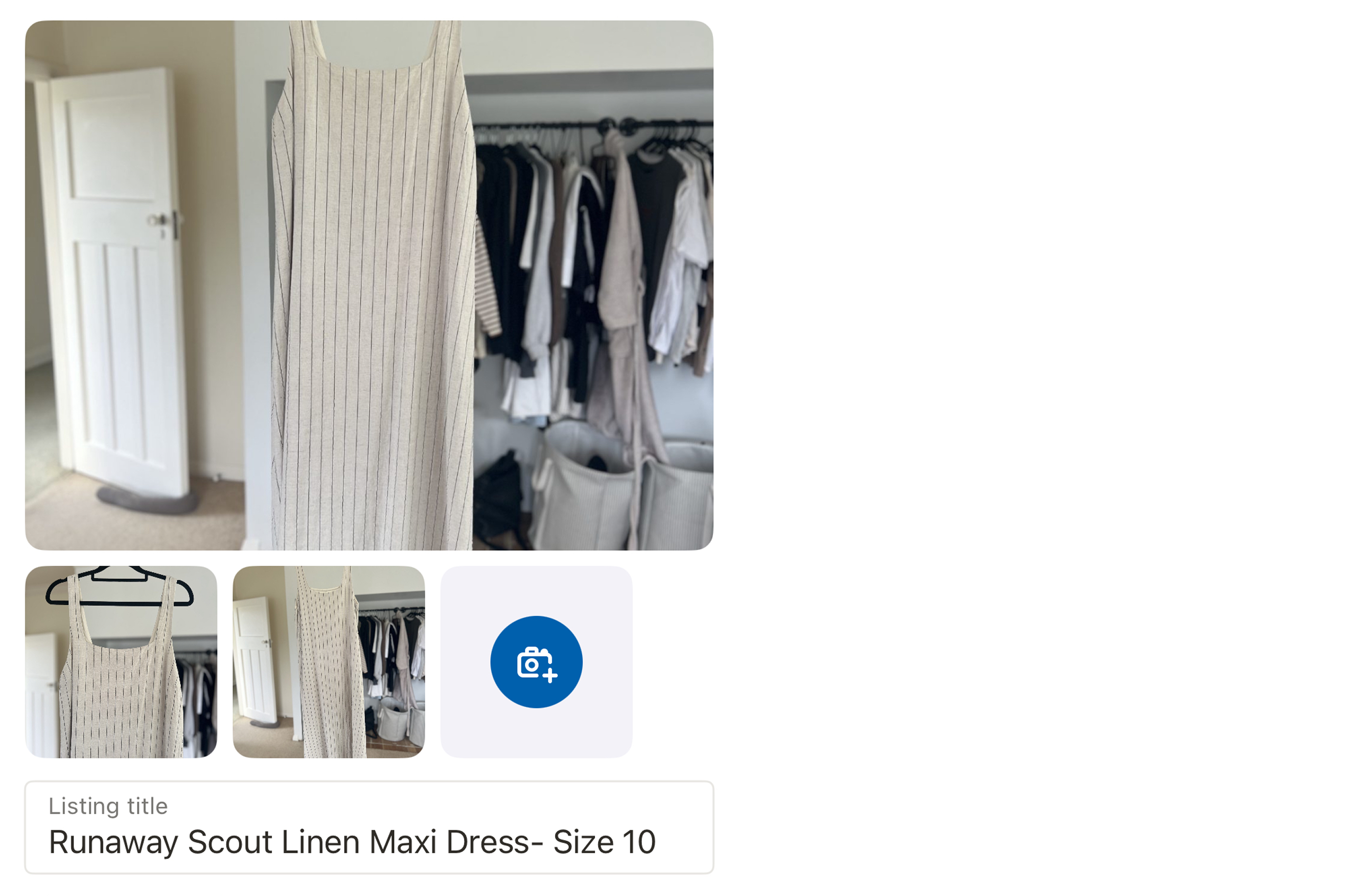 Image of the Trade Me Marketplace listing flow of a linen maxi dress being listed with a descriptive listing title