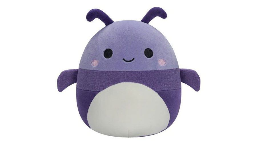Purple beetle themed soft plush pillow called a Squishmallow. 