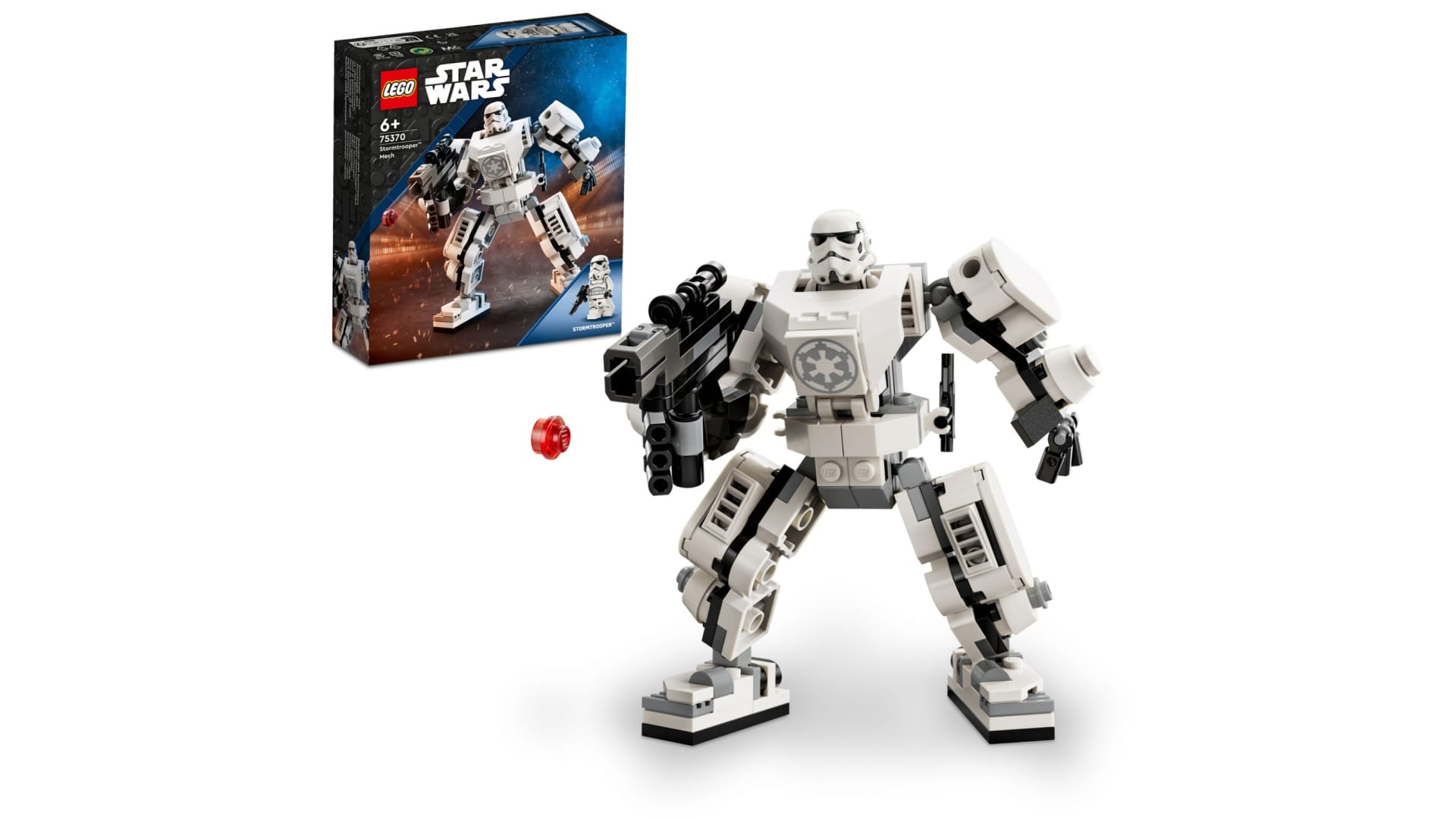 An assembled Stormtrooper standing to the right or its box.