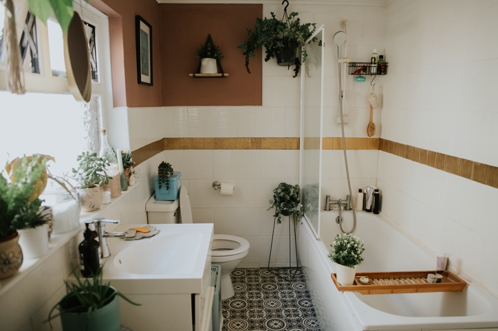 A bathroom featuring lush green plants, creating a fresh and natural atmosphere.