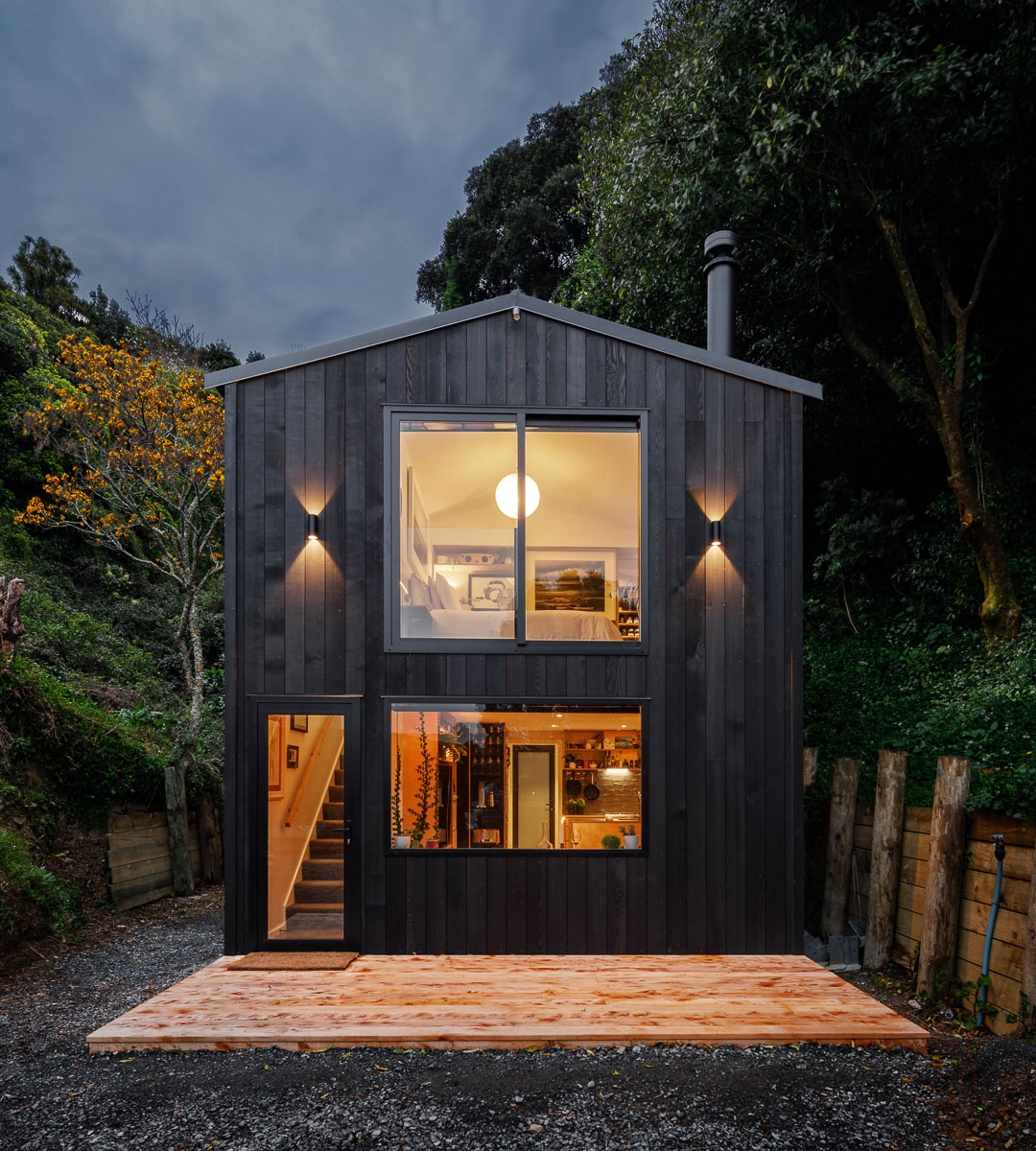 Vogeltown tiny home pictured at night