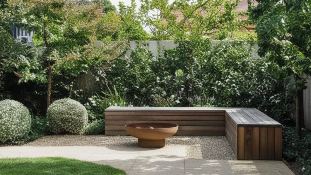 A compact urban backyard design featuring a built-in wooden corner bench, a corten steel fire pit on a gravel base, and dense green privacy planting with rounded silvery shrubs.