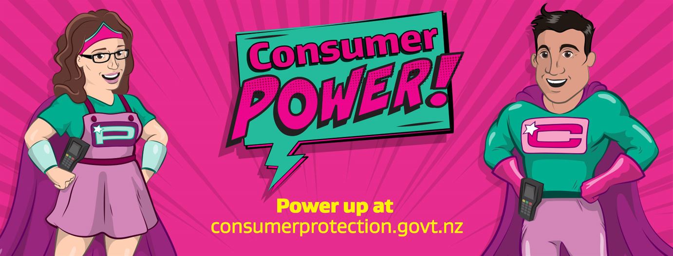 Consumer Man and Purchase Woman from MBIE's campaign on consumer power