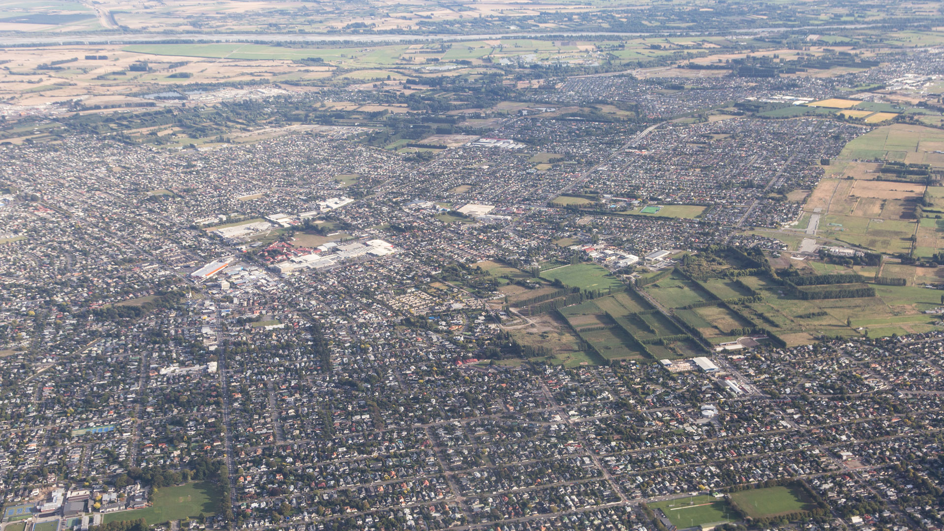 Aerial photograph of Christchurch showing the suburbs.