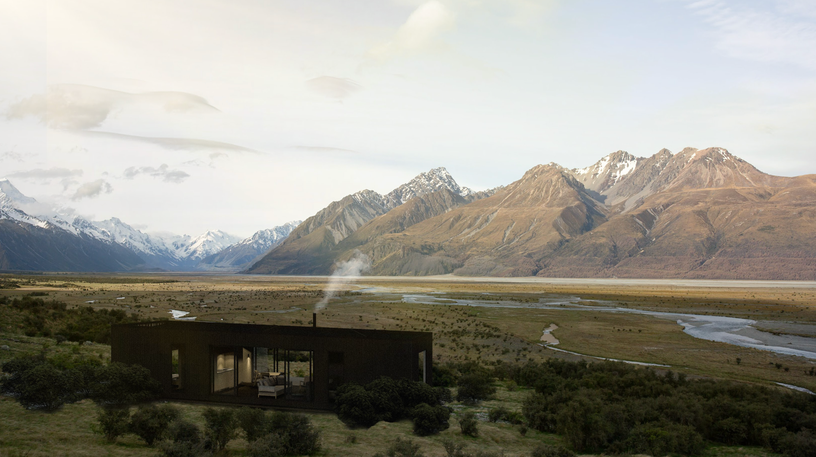 The image depicts a modern, minimalist house with large windows nestled amidst greenery, overlooking a vast, serene landscape. The house is dark-colored, possibly made of wood or metal, and its large glass windows reveal the interior. It’s situated amidst green shrubs and grasses, blending seamlessly into the natural surroundings. In the background, there’s an expansive view of a flat valley with a winding river flowing through it. Majestic mountains with snow-capped peaks tower over the valley under a partly cloudy sky. Their slopes are illuminated by sunlight, creating an ethereal glow. The scene emanates a sense of solitude and tranquility, representing an intersection of human architecture and untouched nature.