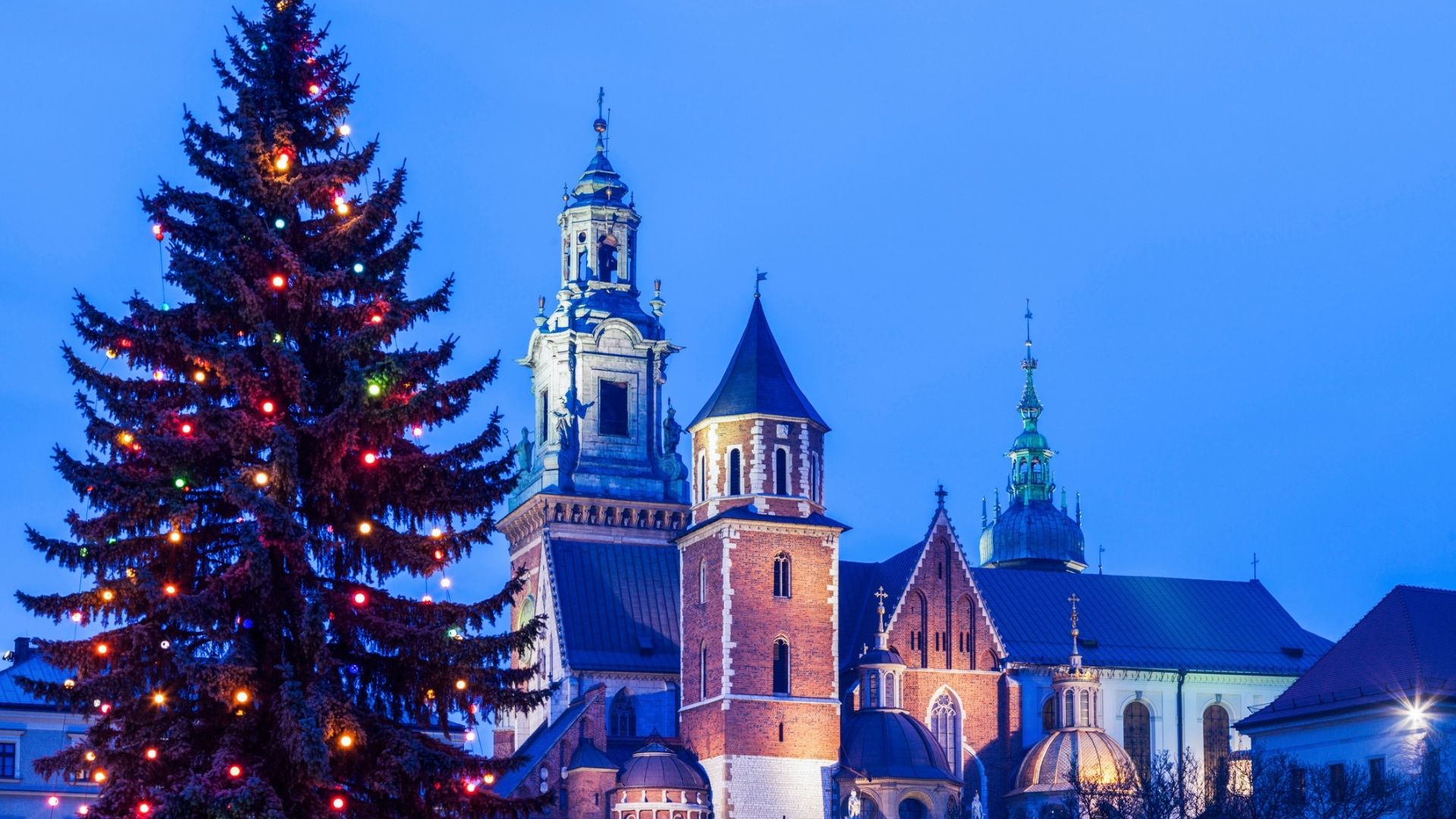 A large pine tree covered in Christmas lights is on the left and on the right is a large old church.