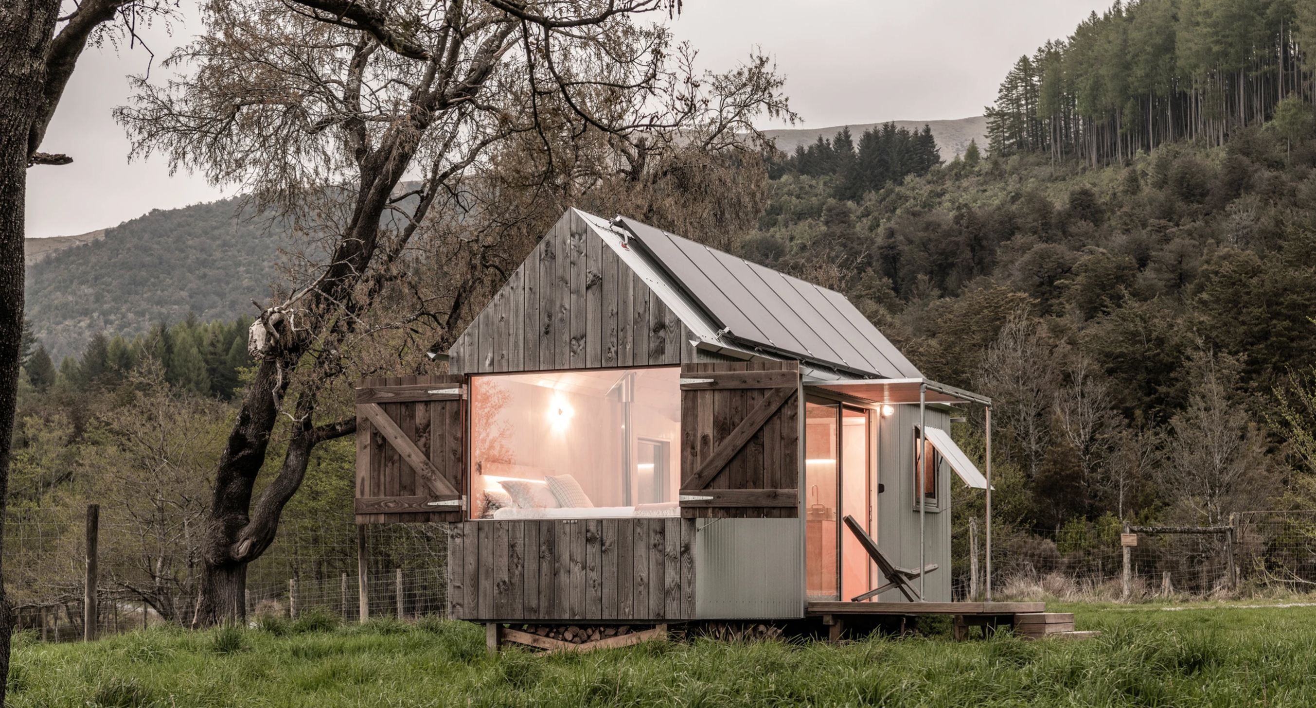 his off grid transportable tiny home in Pudding Hill, Canterbury, Kereru Retreat, was designed by Ben Comber of Studio Now. Image: Stephen Goodenough.