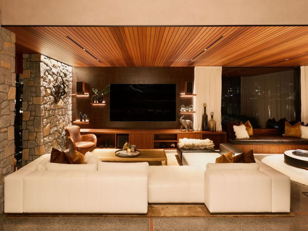The stone and timber soften the modern design. 