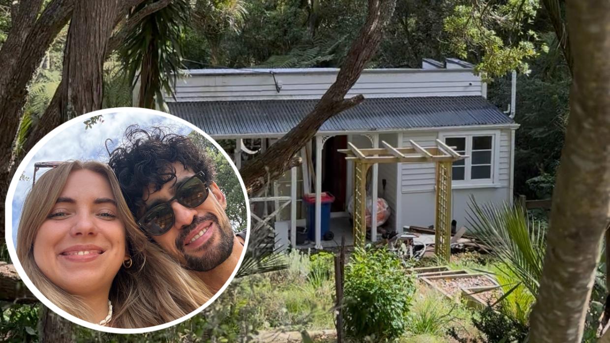 The little cottage in Waitakere and (inset) Marinella van den Hoven and her partner Bronson Wilson. Photo: Marinella van den Hoven