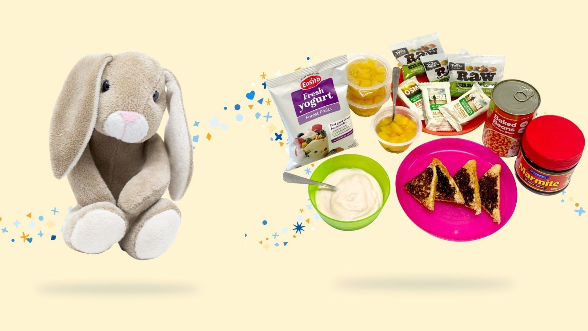 On the left is a toy bunny and on the right is a collection of breakfast food items, a cream background with swirls of illustrated stars is behind both images.