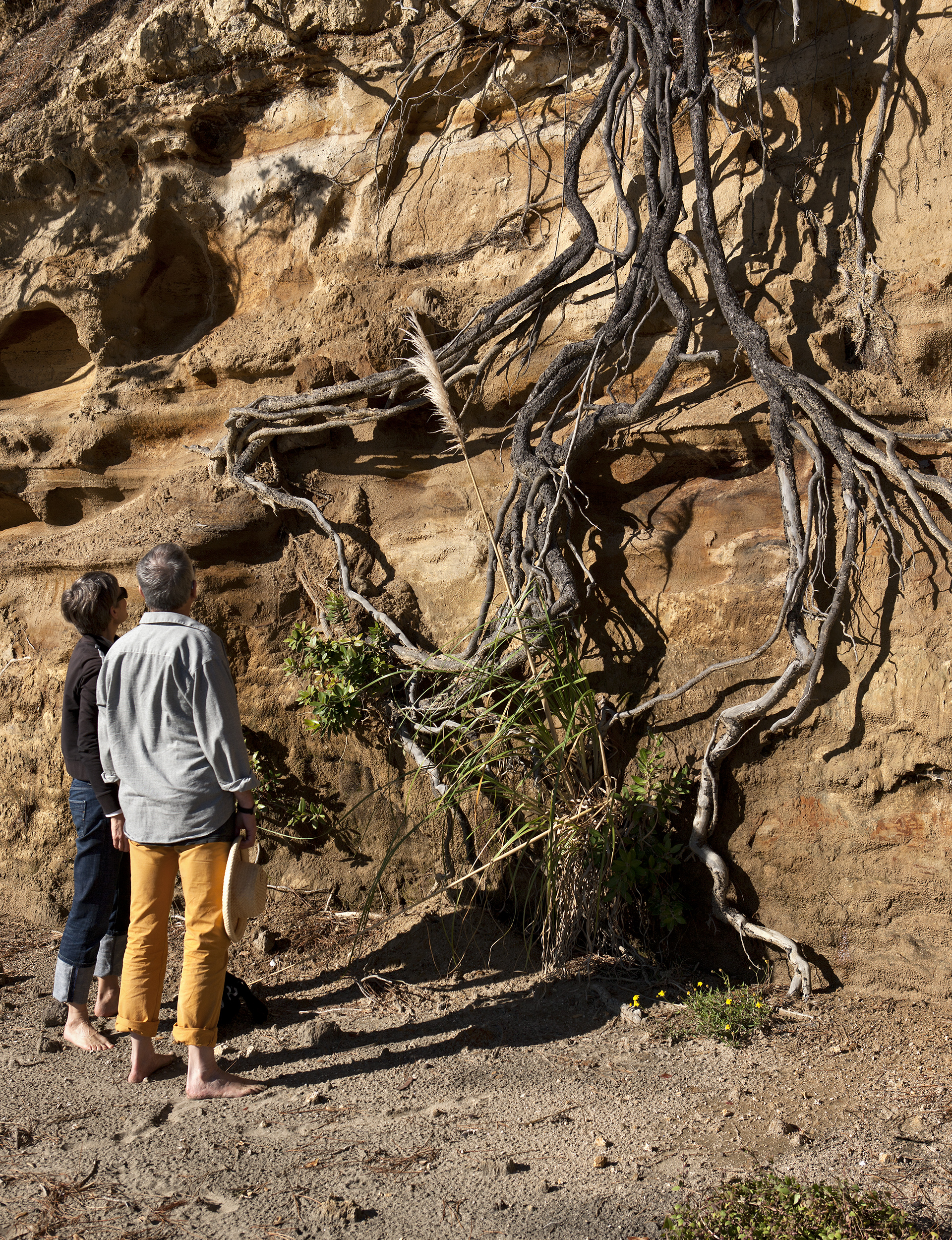 Two people inspecting clay cliffs on the beach