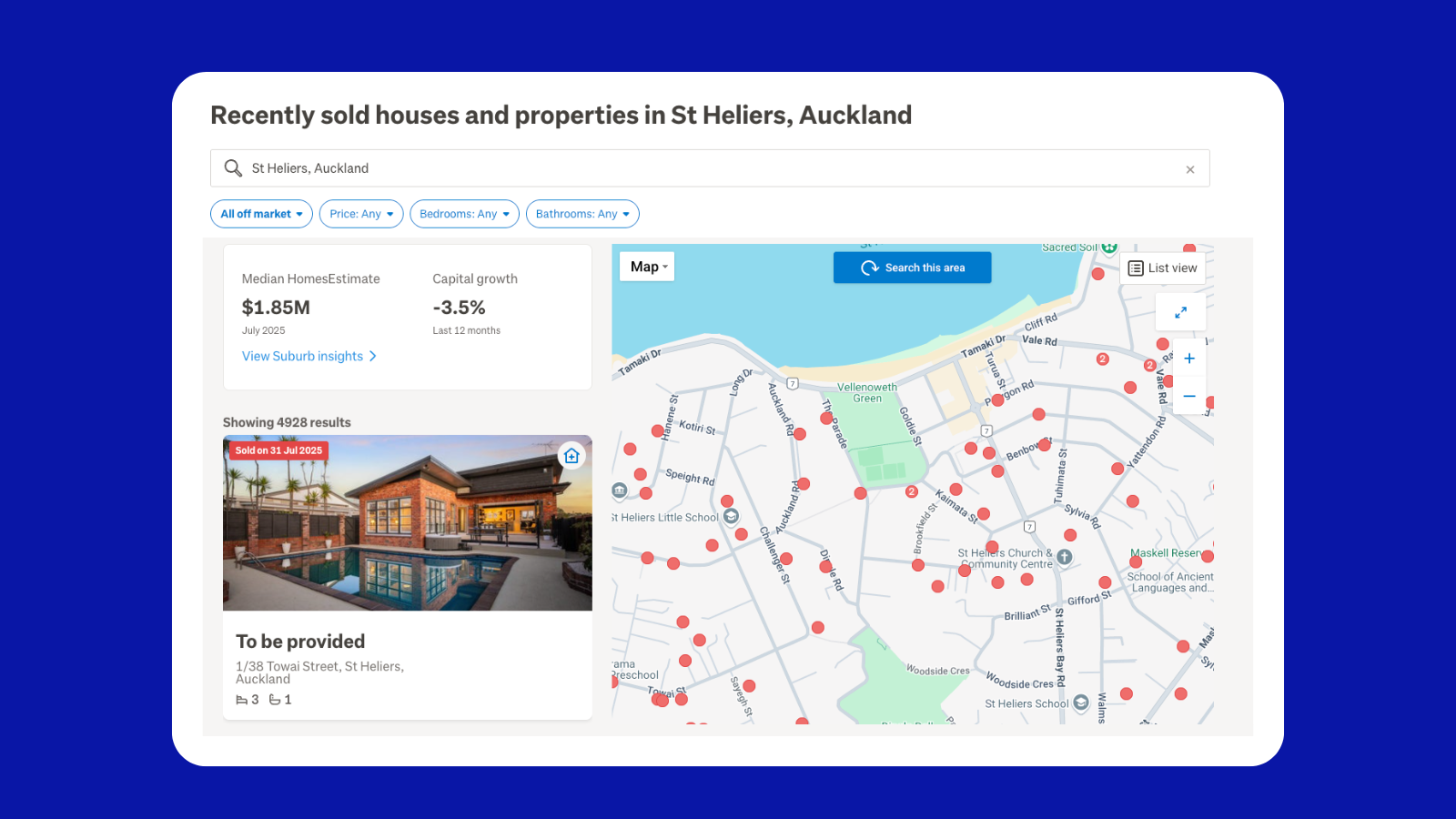 Image of the map view search functionality on sold search