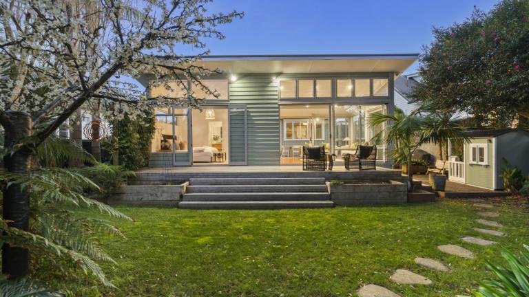 The modern extension gives the home excellent connection to the garden via a deck built by Clarke Gayford himself. Photo: TRADE ME/RAY WHITE