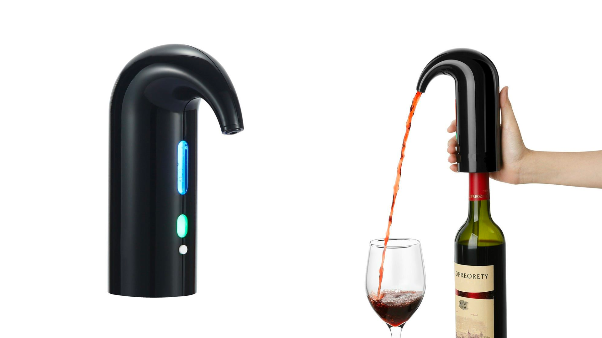 Black curved aerator wine dispenser product. To the right, we see the aerator on top of a wine bottle, dispensing red wine into a wine glass.Black curved aerator wine dispenser product. To the right, we see the aerator on top of a wine bottle, dispensing red wine into a wine glass.